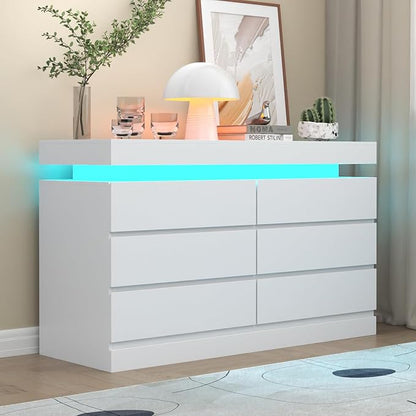 6 Drawer Dresser with Power Outlet, Dresser with LED Light, Modern Chest of by Gyfimoie