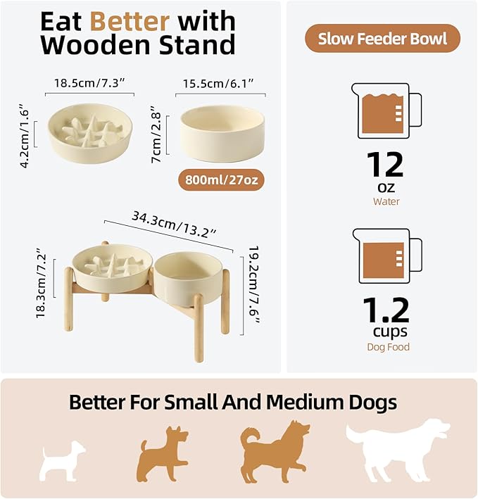 Ceramic 1.2 Cup Raised Slow Feeder Dog Bowl Set, Elevated 6.1inch Bowl and - Image 2