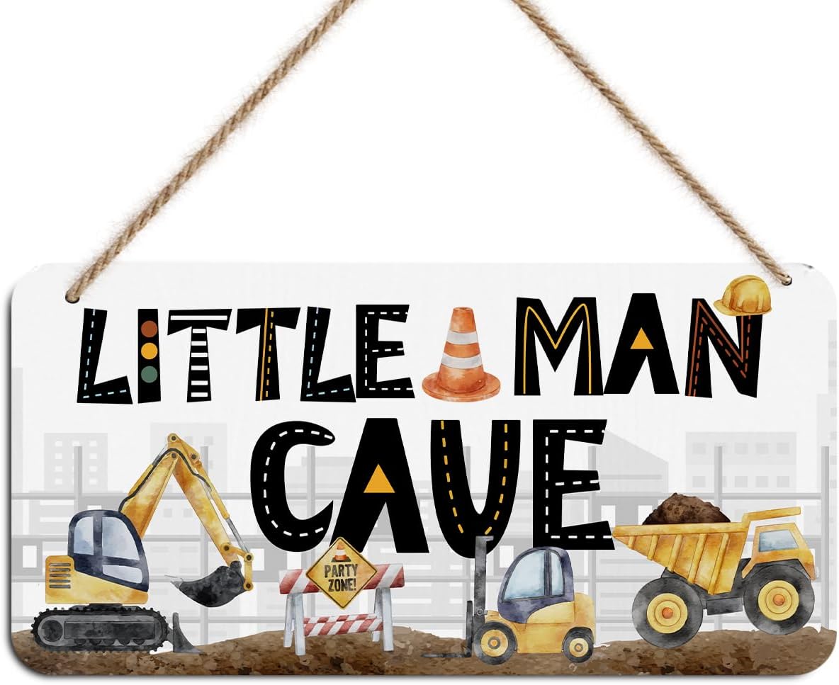 Little Man Cave Sign for Boys Construction Trucks Wooden Door Wall Hanging | Little Man Cave Sign, Gamer Room Decor For Boys, Nursery Decor Rustic Baby Room Toddler Boy Gamer Decor