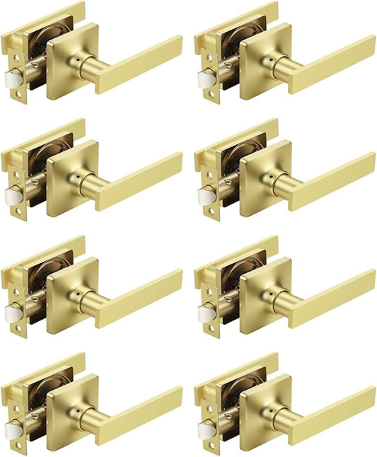 Mengico 8 Pack Passage Door Levers Gold Finish, No-Locking Keyless Square Door by Mengico