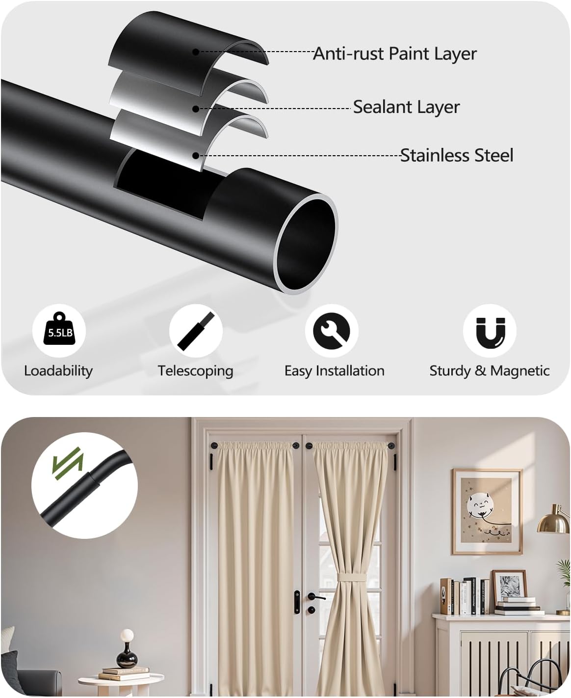 Magnetic Curtain Rods for Metal Door, 18 to 30 Inch Curtain Magnet Rod 3/8 Inch Diameter Magnetic Café Rod Adjustable Appliances for French Doors Cafe Window(Black, 1Pack)