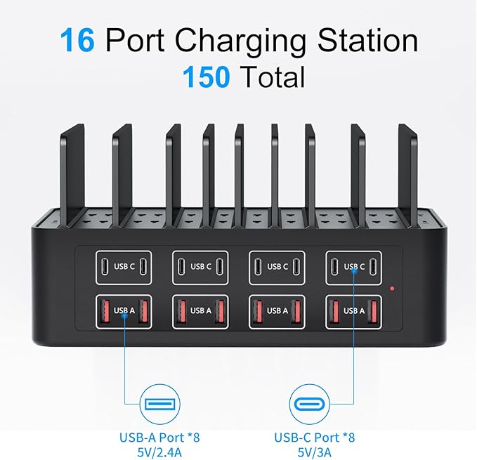 150W/35A Charging Station for Multiple Devices, 16 Port USB C Fast Charging - Image 2