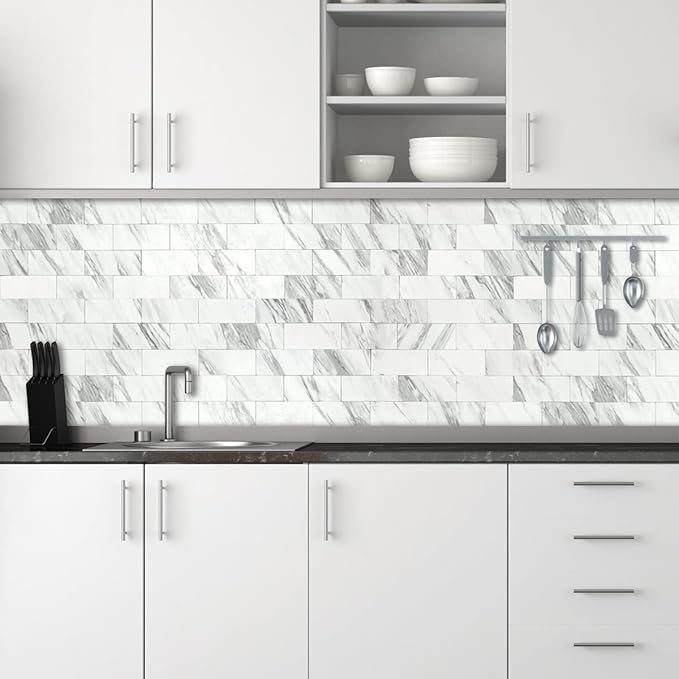 AULIGET 100-Piece White Marble Look Peel and Stick Backsplash Wall Tiles - Image 2