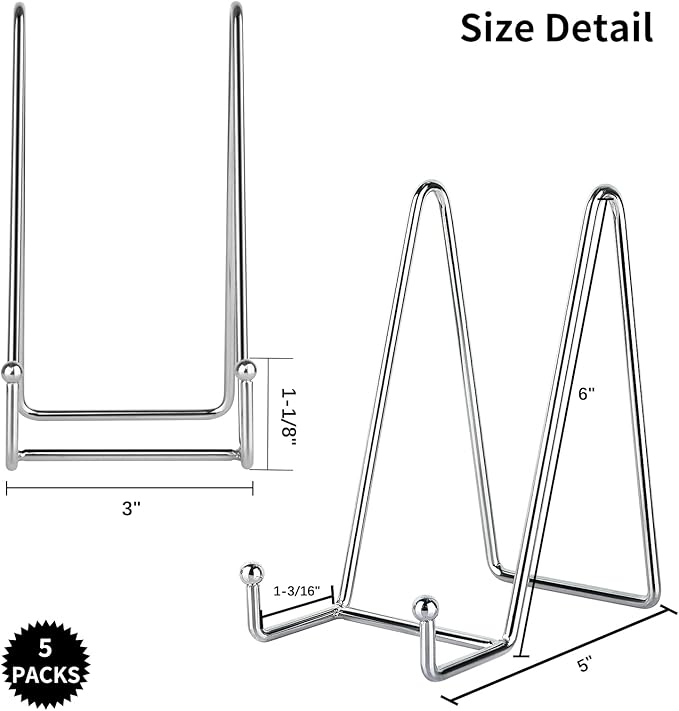 IBosins 5 Pack 6 Inch Plate Holder Display Stands, Metal Silver Frame Stand - Image 2