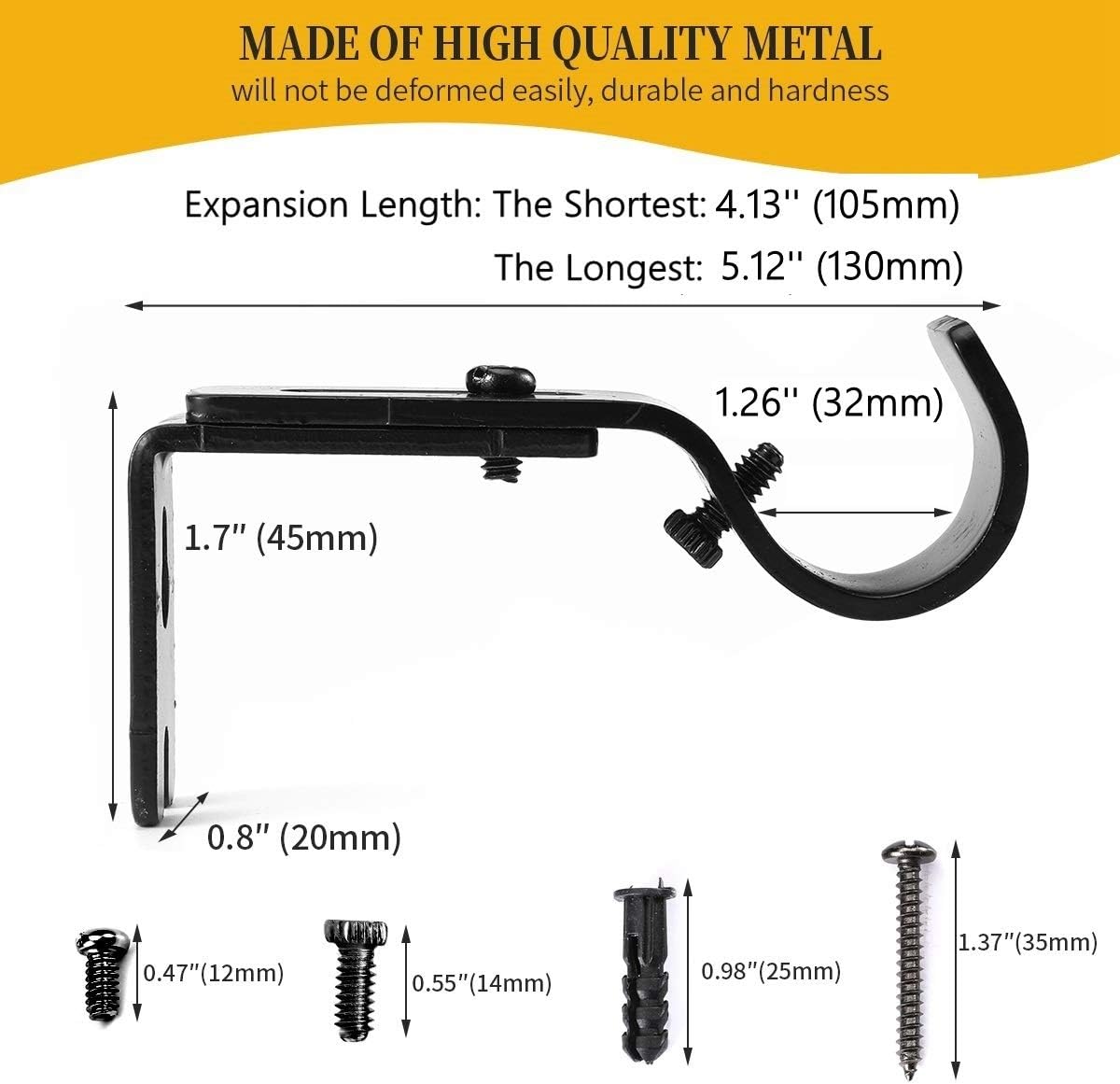 Heavy Duty Adjustable Curtain Rod Brackets and Holders - For 1 1/8 Inch & 1 1/4 Inch Rod, 2 PCS Black