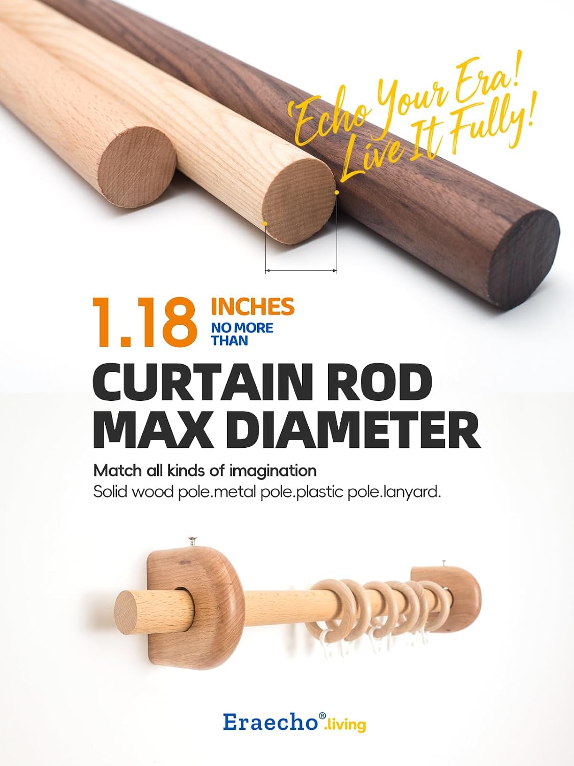 Eraecho,Semi-circle,Solid Wood Black Walnut Curtain Rod Bracket, 1.25 Inch Aperture for Roman Pole, Formaldehyde-Free Natural Finish, Quick Installation Removal, for Living Room Bedroom (Black Walnut)
