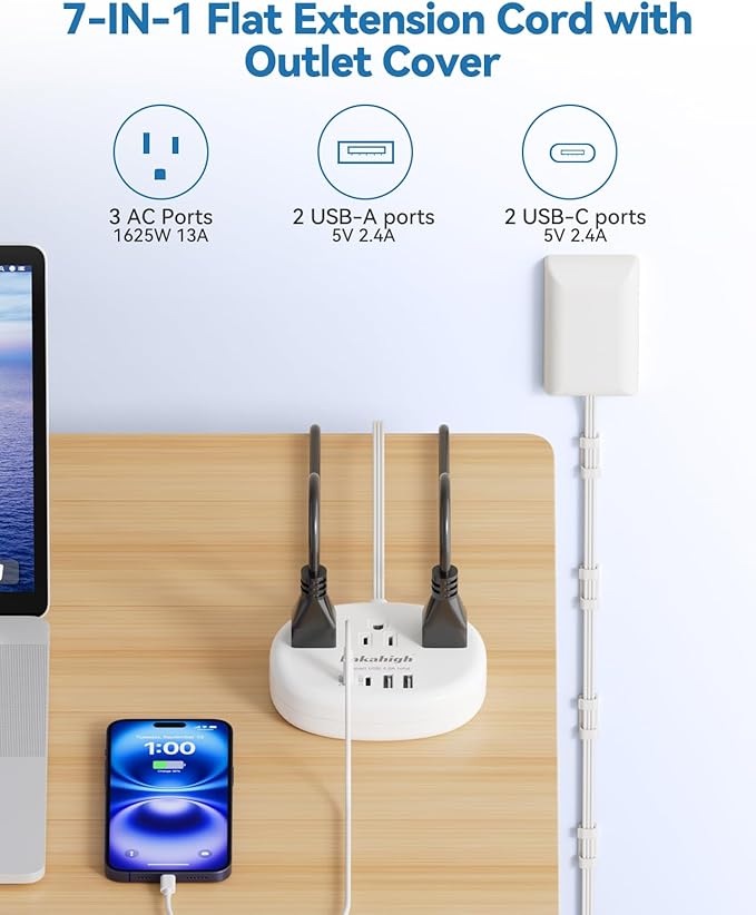 Flat Extension Cord with Outlet Cover & Cable Clips- 5 FT, 1625W Child Proof - Image 2