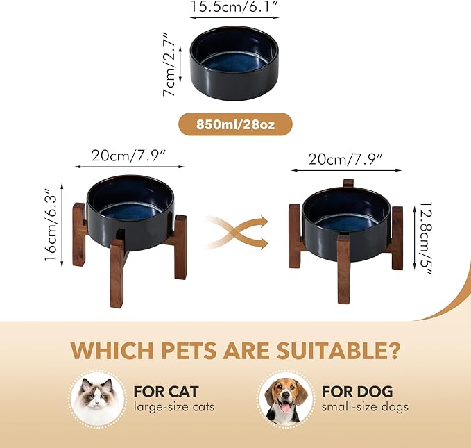 Ceramic 6.1inch Raised Dog and Cat Bowl Set, 2 Heights Elevated Wooden Stand - Image 2
