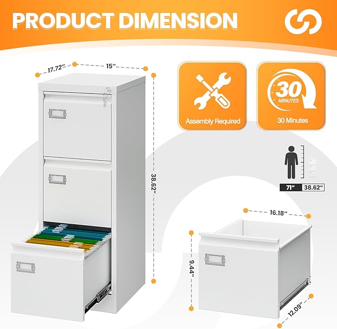 3 Drawer File Cabinet with Lock, Metal Filing Cabinets - Image 3