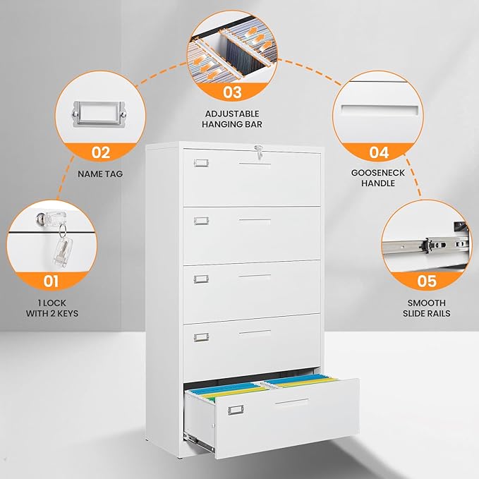 5 Drawer File Cabinets for Home Office, Metal Filing Cabinet - Image 6