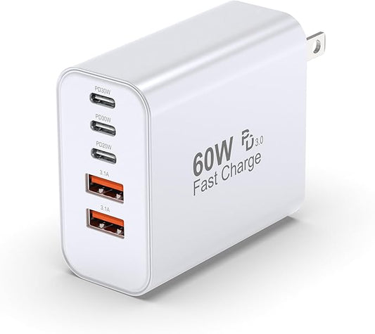 USB C Charger Block, 60W 5 Ports USBC Wall Charger Plug Fast Charging, iPhone by TZBAY