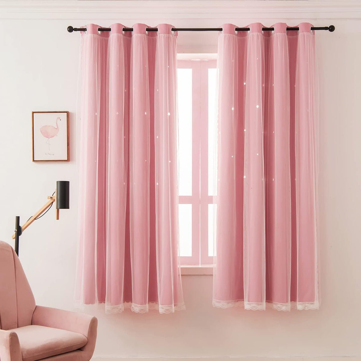 Girls Curtains for Living Room Bedroom Curtain Double Layer Blackout Curtains 63 Inch Length Star Cutout Pink Curtain Window Drapes for Nursery (Pink, 42W x 63L,2 Panels)