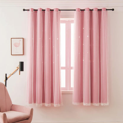 Girls Curtains for Living Room Bedroom Curtain Double Layer Blackout Curtains 63 Inch Length Star Cutout Pink Curtain Window Drapes for Nursery (Pink, 42W x 63L,2 Panels)