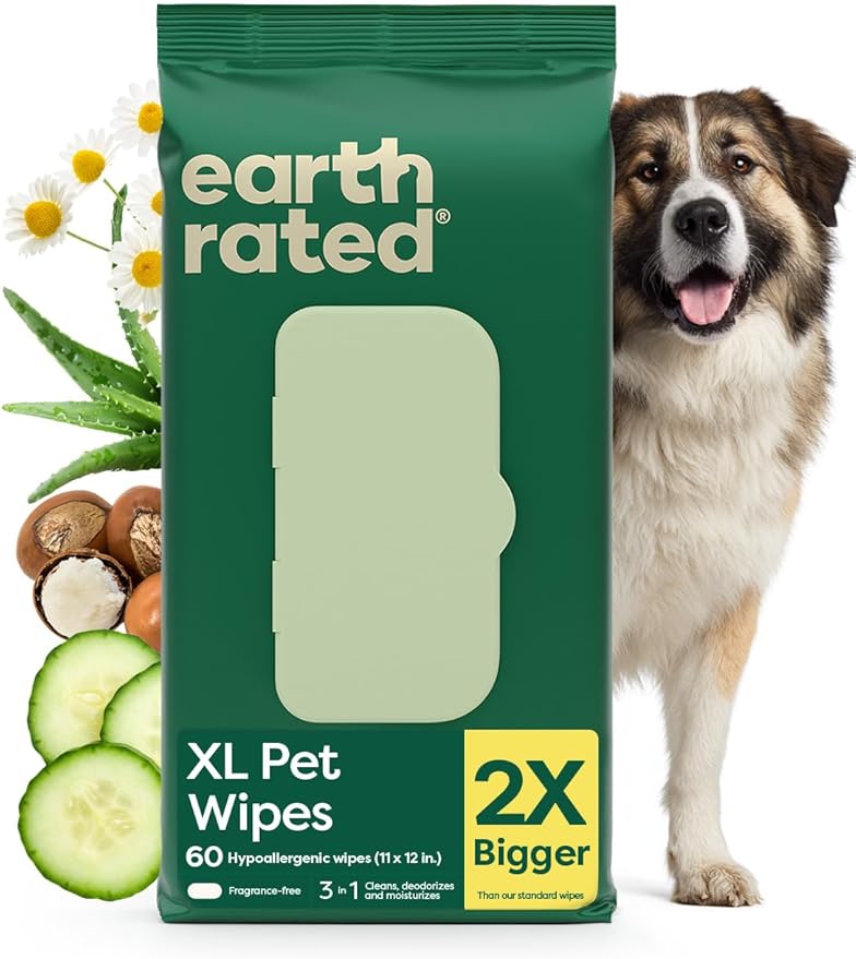 Earth Rated XL Pet Wipes for Dogs & Cats, Unscented Hypoallergenic, 60 Ct by EarthRated