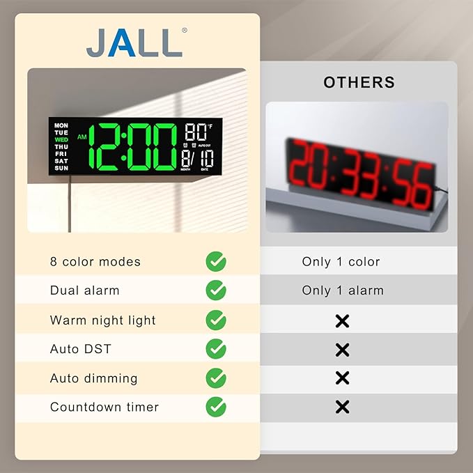 JALL 16" Large Digital Wall Mount Clock, Count Down Timer, Big LED, RGB Color - Image 8