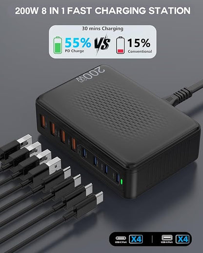 USB C Charger Block, 200W 8 Port USB C Charging Station, GaN Type C & A Charger - Image 3