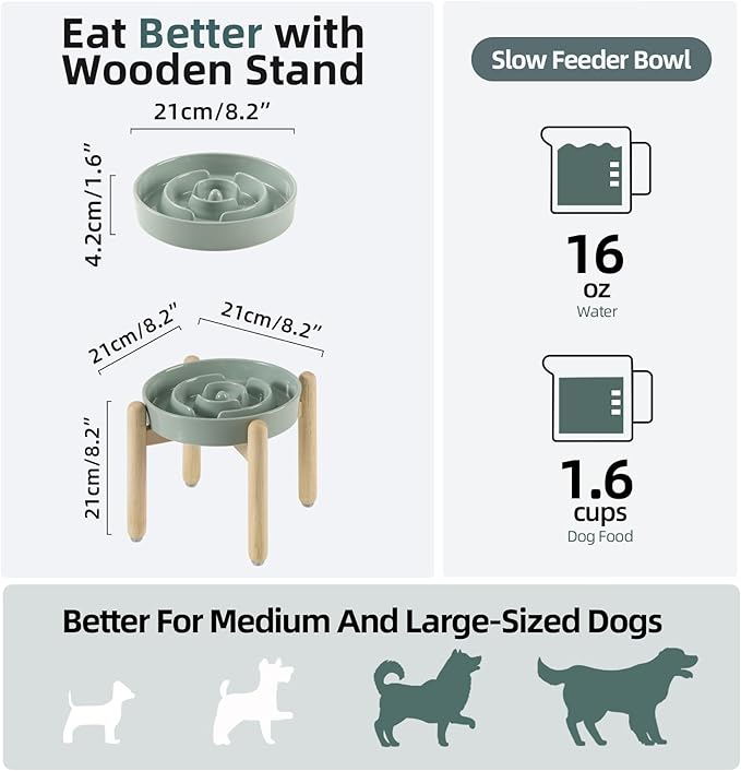 Ceramic 1.6 Cup Raised Slow Feeder Dog Bowl Set, Elevated Wooden Stand - Image 2