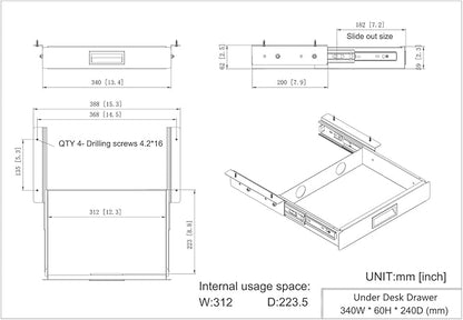 13 Inch Wide Under Desk Sliding Drawer- Pull Out Storage Organizer - Image 4