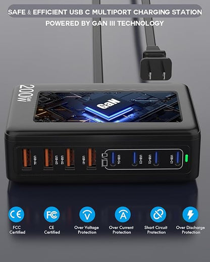 USB C Charger Block, 200W 8 Port USB C Charging Station, GaN Type C & A Charger - Image 4