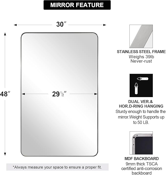 ANDY STAR 30"x48" Brushed Nickel Bathroom Mirror, Large Wall Mirror - Image 3