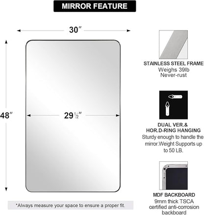 ANDY STAR 30"x48" Brushed Nickel Bathroom Mirror, Large Wall Mirror - Image 3