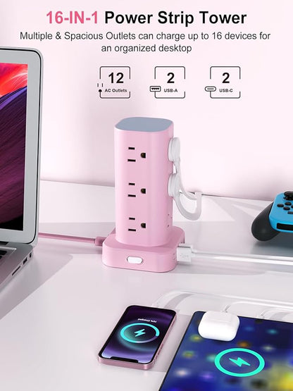 Power Strip Tower with Multiple Outlets, Flat Plug Surge Protector Tower - Image 2