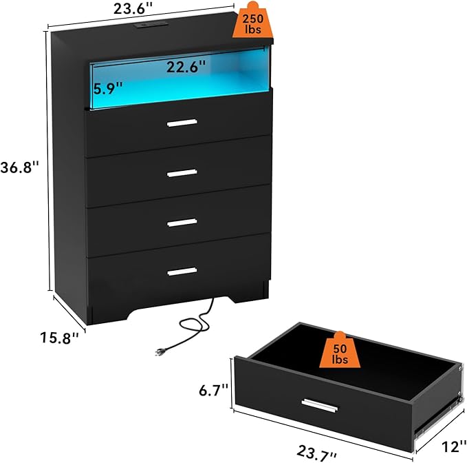 Dresser with Power Outlets and LED Lights Wooden 4 Drawer Dresser with Large - Image 3