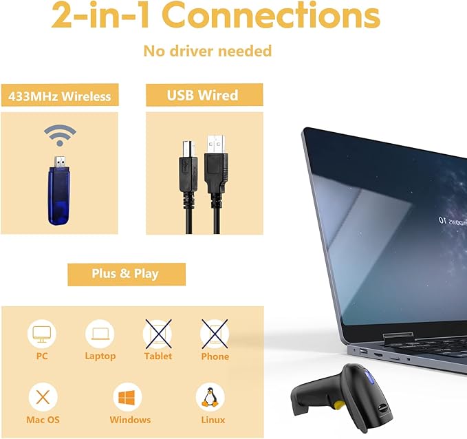 NADAMOO Wireless Barcode Scanner 328 Feet Transmission Distance USB Cordless 1D - Image 2