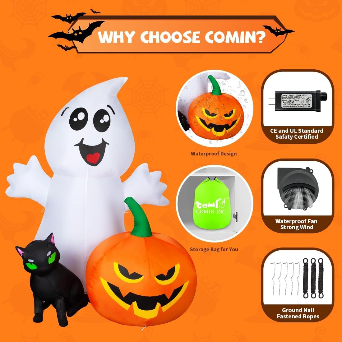 COMIN Halloween Inflatable 5FT Ghost with Black Cat and Pumpkin, Built-in LED...