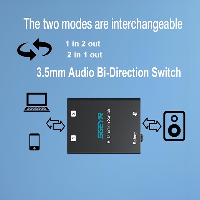 SGEYR Audio Switcher 3.5mm Bi-Direction Switch 2-in-1 Out/ 1-in-2 Out Audio - Image 3