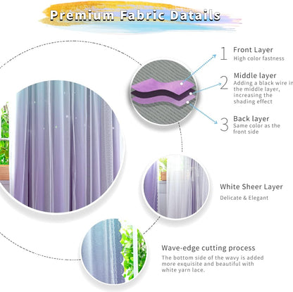 Kids Curtains for Girls Bedroom Princess Curtains for Daughter Room 96 Inches Long Star Curtains with Tieback & 3 Bowties(Purple Teal,W52*L96),1 Panel