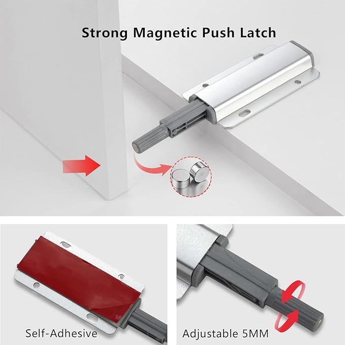 Push to Open Door Latch, 10 Pack Magnetic Push Latches, Adhesive Heavy Duty - Image 2