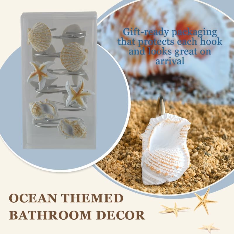 Seashell Shower Curtain Hooks 12pcs Beach Shower Curtain Rings Bath Shower Hooks Rust Proof Curtain Hangers Coastal Bathroom Accessories Decors