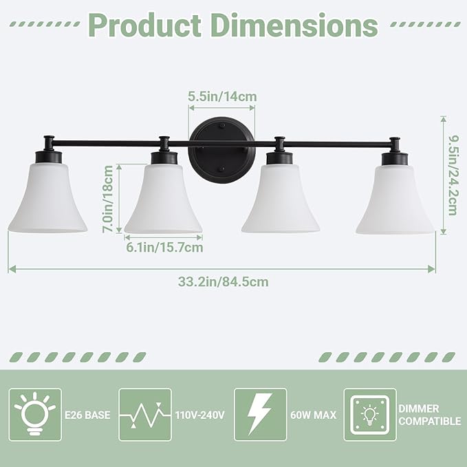 LOUSACE 4 Light Bathroom Vanity Light Matte Black Bathroom Lighting Fixtures - Image 5