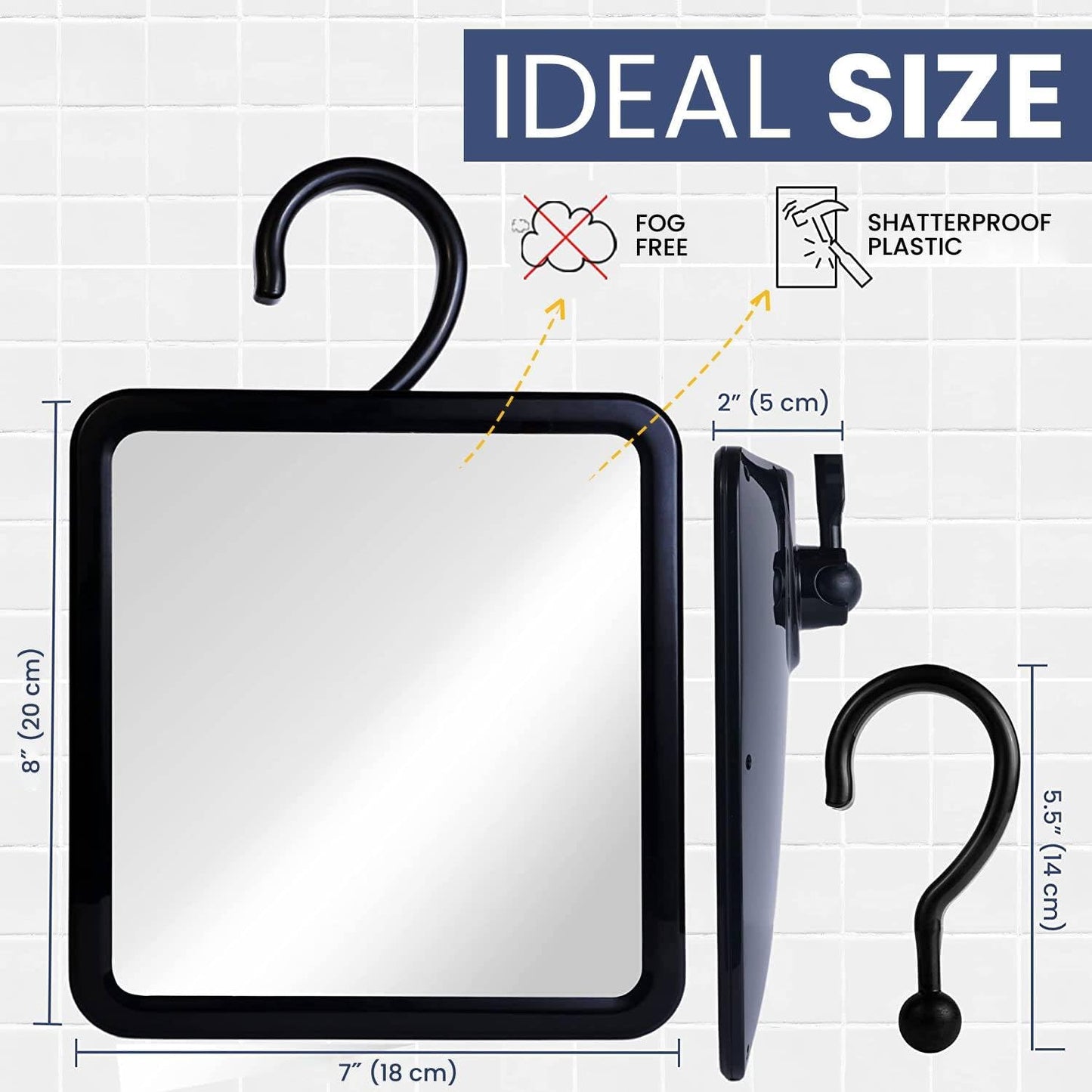 Fogless Shower Mirror for Shaving, Dual Antifog, 8" x 7" (Black) | Hot Water Reservoir, Hanging Hook & Shatterproof Design - Fog-Free Reservoir for Clear Shaves & Lasting Bathroom Convenience
