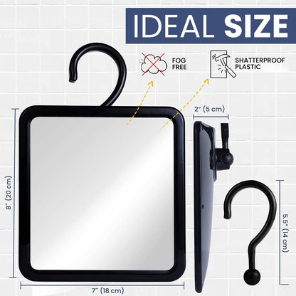 Fogless Shower Mirror for Shaving, Dual Antifog, 8" x 7" (Black) | Hot Water Reservoir, Hanging Hook & Shatterproof Design - Fog-Free Reservoir for Clear Shaves & Lasting Bathroom Convenience