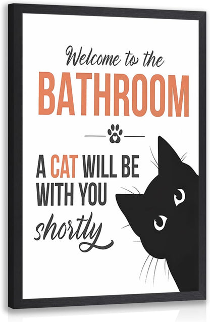 LLEEMPI Welcome to the Bathroom Cat Wall Art, 8x10 Wood Framed Print | Black and white minimalist design, funny cat quote for bathroom, restroom or toilet, housewarming gift for cat lovers