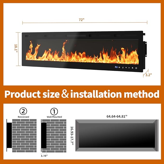72" Smart Electric Fireplace Wall Mount, 1500w Heater - Image 8
