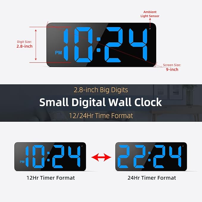 LED Digital Wall Clock with Large Display, Big Digits, Auto-Brightness - Image 3