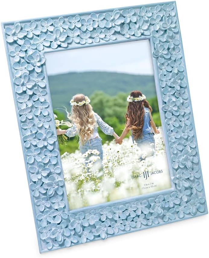Isaac Jacobs 5x7 Blue Flower Textured Hand-Crafted Resin Picture Frame | w/Easel & Hook for Tabletop & Wall Display, Decorative Floral Design Home Decor, Photo Gallery, Art (5x7, Blue)