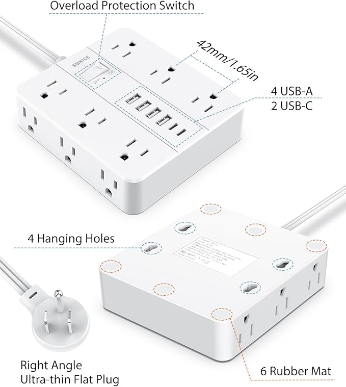 Power Strip Surge Protector 10ft Extension Cord, SMNICE Flat Plug - Image 7