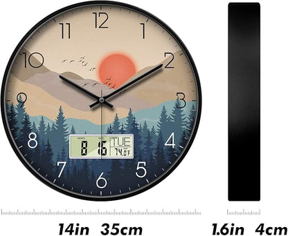 Silent Wall Clock with Day Week Temperature Wilderness with Sunset Non-ticking - Image 7
