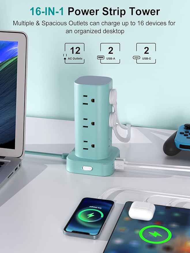 Power Strip Tower with Multiple Outlets, Flat Plug Surge Protector Tower - Image 2