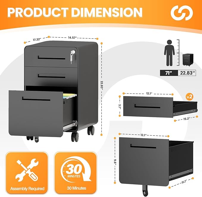 3 Drawer File Cabinet, Fully Assembled Mobile File Cabinets - Image 3