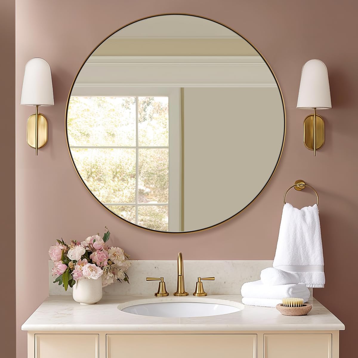 Gold Round Mirror, Large Brushed Gold Round Bathroom Mirror, Brass Circle Mirror 32 inch, Modern Vanity Mirror in Stainless Steel Metal Frame for Home Decor, Entryway, Living Room