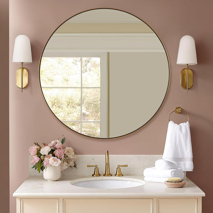 Gold Round Mirror, Large Brushed Gold Round Bathroom Mirror, Brass Circle Mirror 32 inch, Modern Vanity Mirror in Stainless Steel Metal Frame for Home Decor, Entryway, Living Room