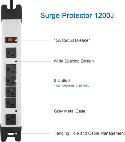 Heavy Duty Surge Protector, 6 Outlet Industrial Power Strip - Image 2