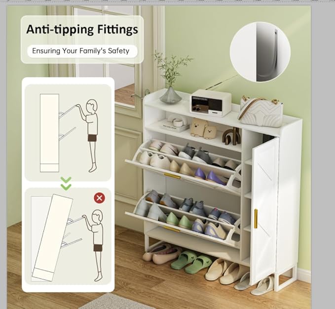 White Shoe Cabinet with 2 Flip Drawers Door, Adjustable Shelves, Narrow Shoe - Image 7