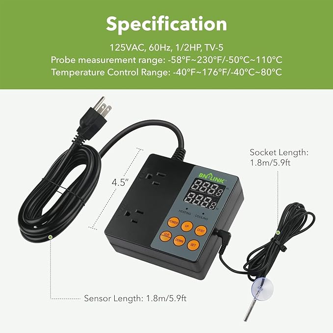 BN-LINK Digital Temperature Controller Heating Cooling 2-Stage Outlet - Image 6