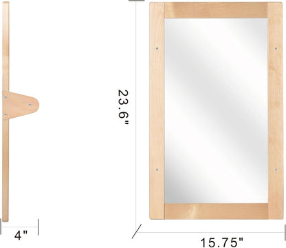 Baby Montessori Non-Shatter Sensory Safety Mirror w/ 2 Pull Up Bars | Exquisitely Crafted Solid Birch Wood Frame, Infant Coordination Small Mirror For 6-18 Months